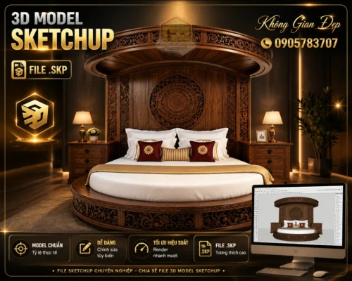 Mẫu giường ngủ đẹp 06 phong cách tân cổ điển, file SketchUp giường ngủ gỗ chạm hoa văn tải miễn phí.