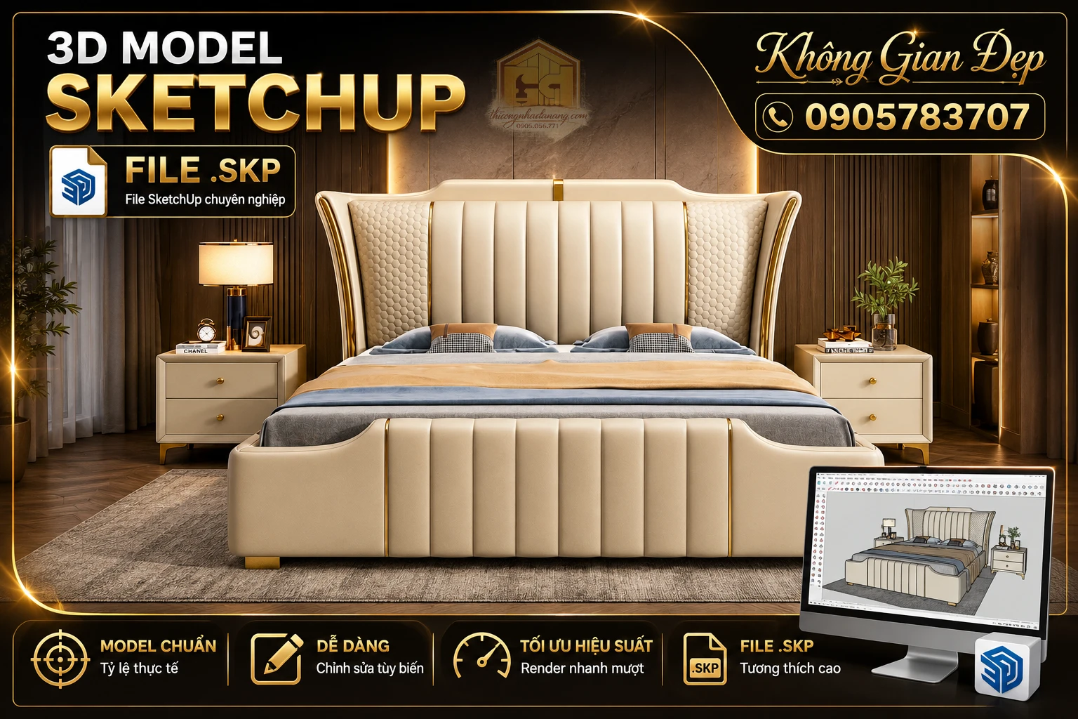 Mẫu giường ngủ đẹp 08 phong cách sang trọng, chia sẻ file SketchUp và 3ds Max miễn phí cho thiết kế phòng ngủ.