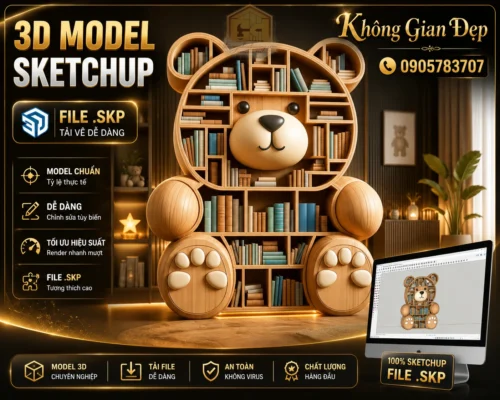 Model kệ sách hình gấu 3D, chia sẻ file SketchUp, 3ds Max tải miễn phí cho thiết kế nội thất trẻ em.