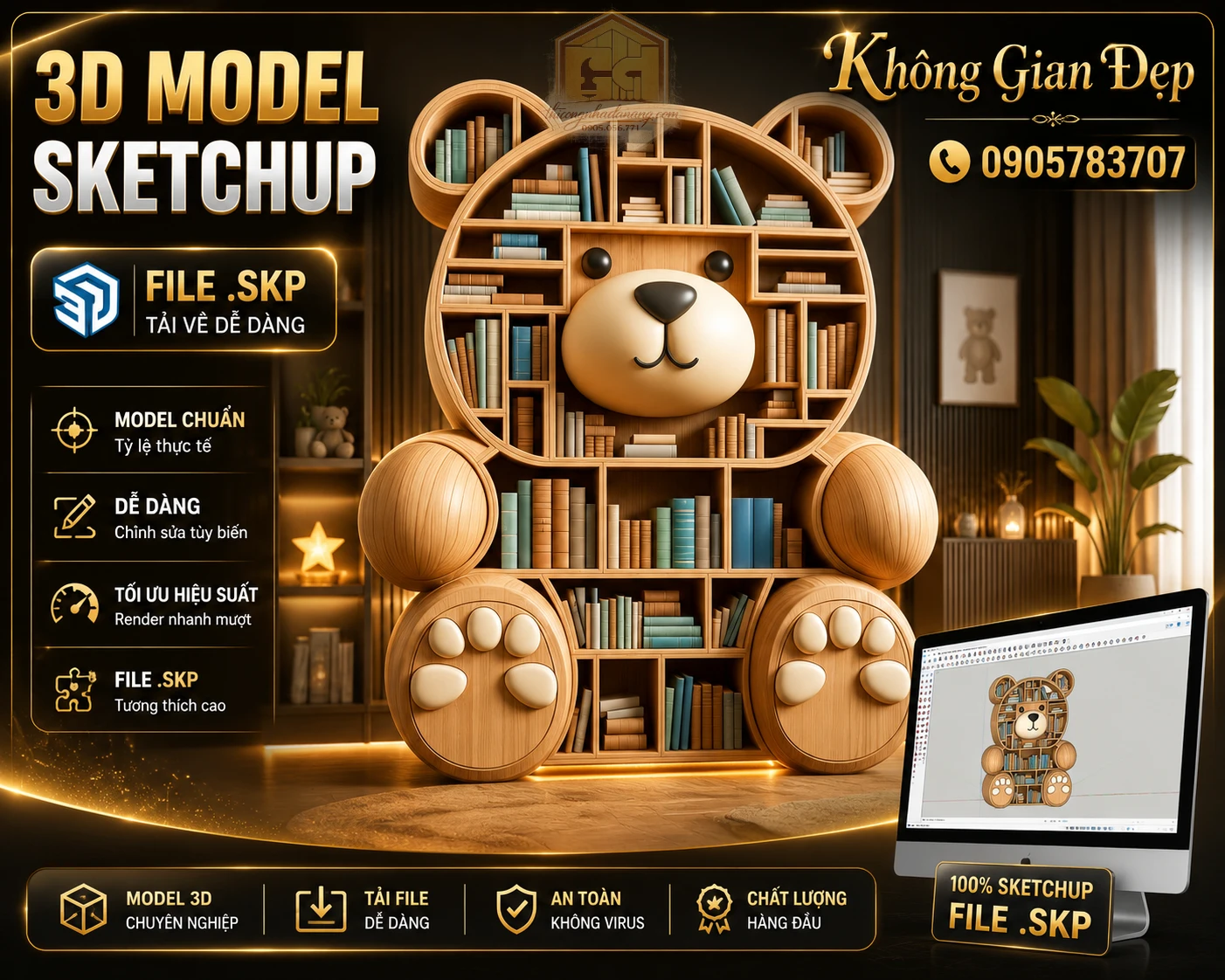 Model kệ sách hình gấu 3D, chia sẻ file SketchUp, 3ds Max tải miễn phí cho thiết kế nội thất trẻ em.