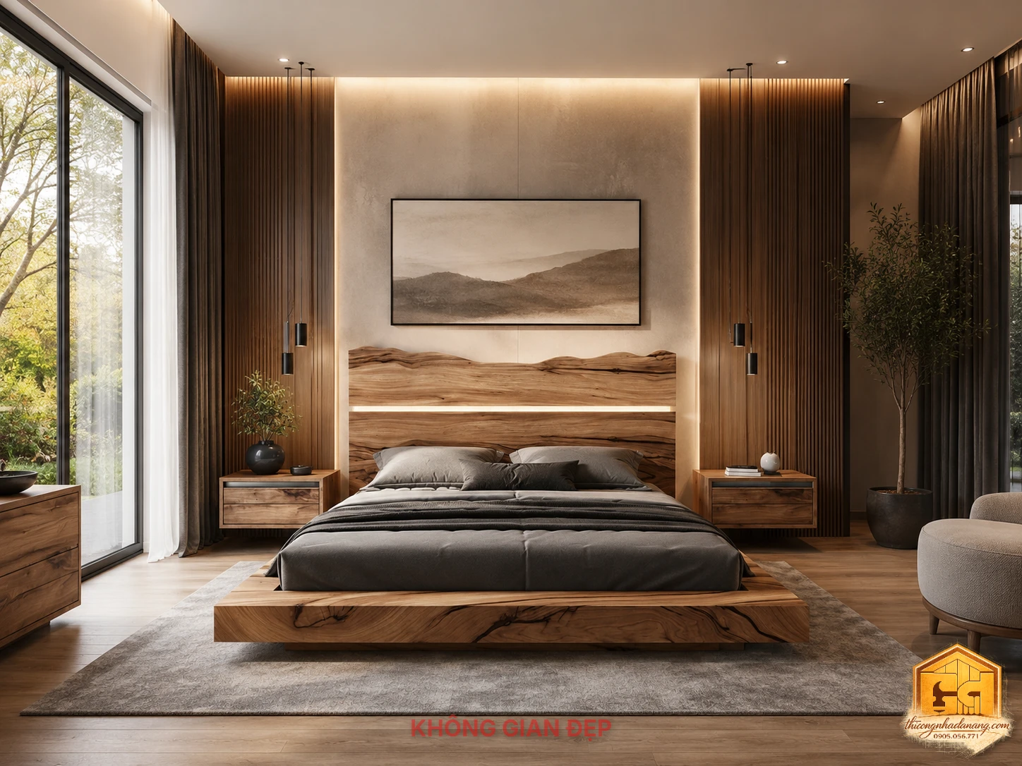 Mẫu Giường Ngủ Đẹp 04 – File SketchUp, 3ds Max Tải Miễn Phí 3 Phối cảnh mẫu giường ngủ đẹp 04 trong không gian phòng ngủ hiện đại, có vách lam gỗ, tab đầu giường và đèn trang trí.