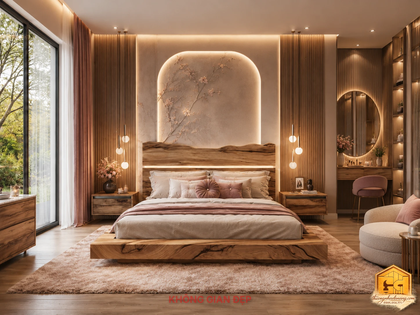 Mẫu Giường Ngủ Đẹp 04 – File SketchUp, 3ds Max Tải Miễn Phí 4 Mẫu giường ngủ đẹp 04 trong phòng ngủ tone ấm, kết hợp vách bo vòm, đèn LED và bàn trang điểm hiện đại.