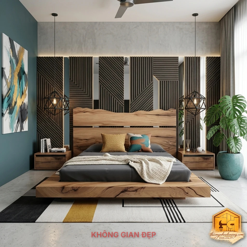 Mẫu Giường Ngủ Đẹp 04 – File SketchUp, 3ds Max Tải Miễn Phí 5 Model phòng ngủ hiện đại với mẫu giường ngủ đẹp 04, vách lam hình học, tab gỗ và mảng xanh trang trí trẻ trung.