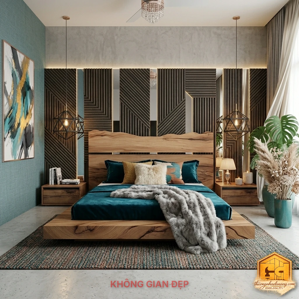 Mẫu Giường Ngủ Đẹp 04 – File SketchUp, 3ds Max Tải Miễn Phí 6 Phối cảnh mẫu giường ngủ đẹp 04 với ga màu xanh, vách lam hiện đại và chi tiết decor sang trọng cho phòng ngủ.
