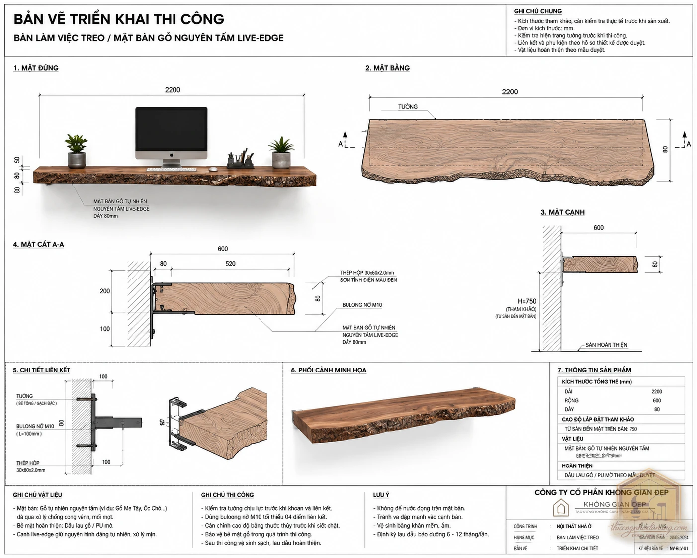 Mẫu bàn làm việc 01 – File SketchUp, 3ds Max Tải Miễn Phí 3 Bản vẽ bàn làm việc treo tường mặt gỗ nguyên tấm live-edge, dùng tham khảo thi công và dựng model 3D nội thất.
