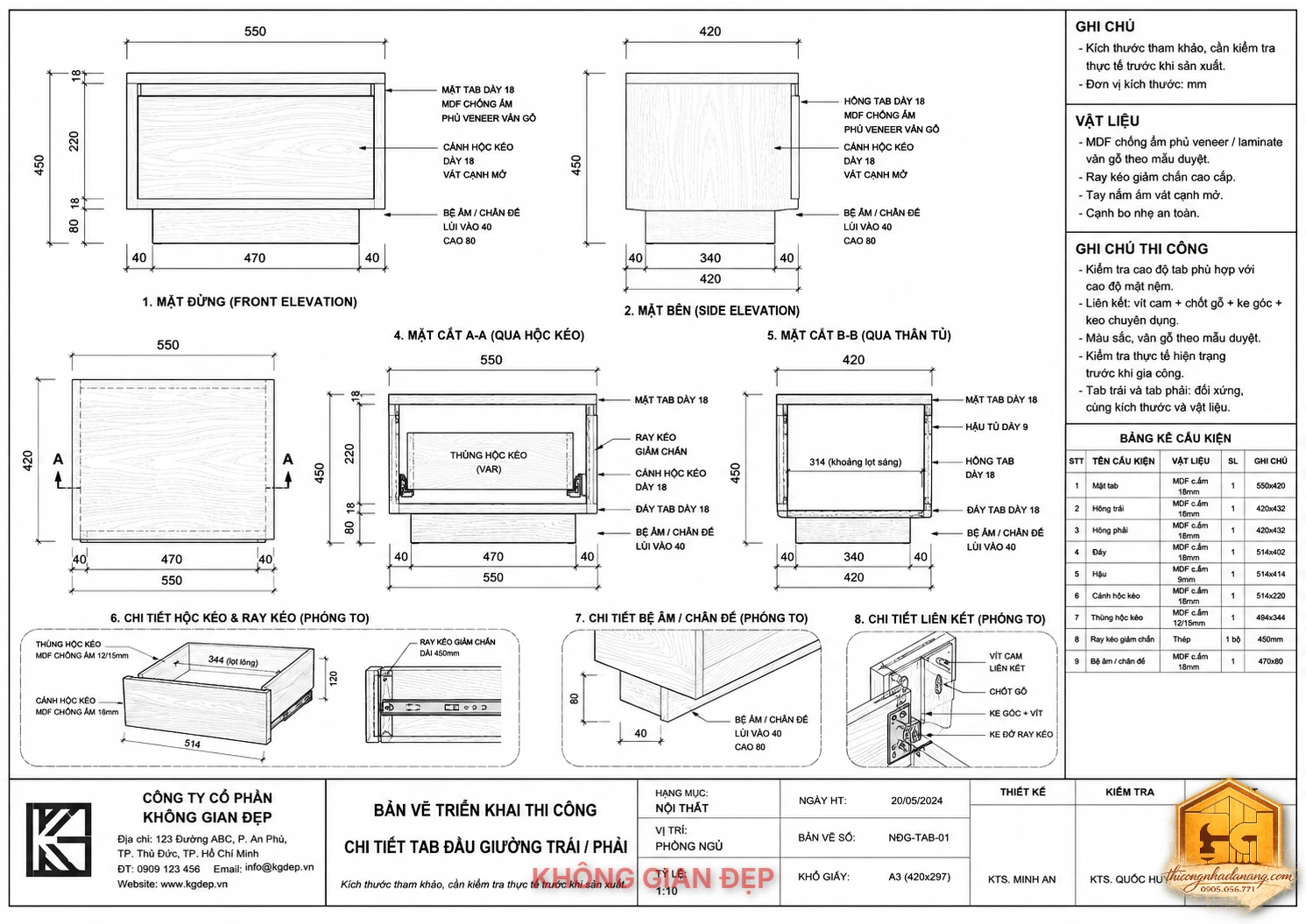 Mẫu Giường Ngủ Đẹp 04 – File SketchUp, 3ds Max Tải Miễn Phí 11 Bản vẽ chi tiết tab đầu giường trái phải cho mẫu giường ngủ đẹp 04, thể hiện kích thước, ray kéo và cấu tạo hộc tủ.