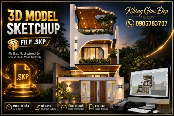 Mẫu nhà phố 02 phong cách hiện đại, chia sẻ file SketchUp và 3ds Max miễn phí cho thiết kế nhà phố 3 tầng.