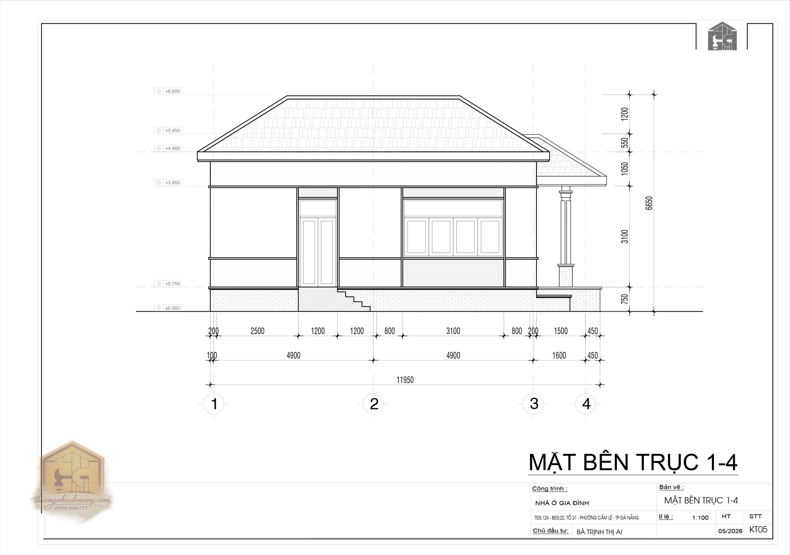 Mẫu biệt thự 1 tầng – File autocad Tải Miễn Phí 4 Mặt bên 1 mẫu biệt thự 1 tầng mái Thái 5x10, thể hiện tỷ lệ kiến trúc trong bản vẽ AutoCAD chi tiết.