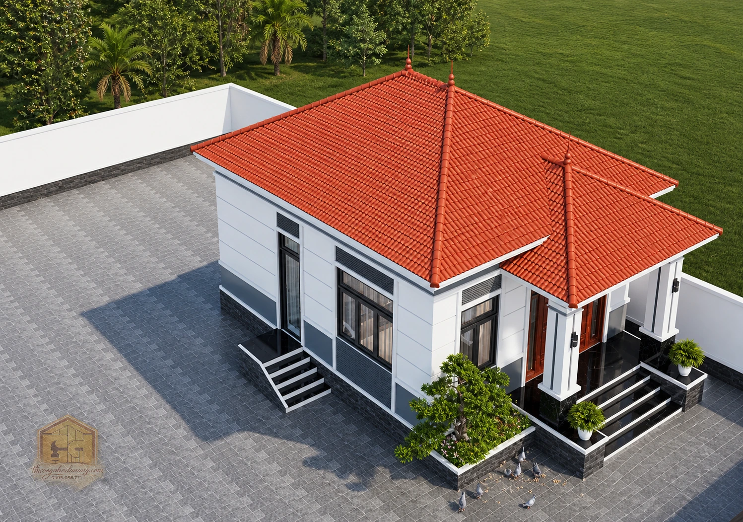 Mẫu biệt thự 1 tầng – File autocad Tải Miễn Phí 11 Phối cảnh mẫu biệt thự 1 tầng mái Thái 5x10 với góc nhìn ngoại thất, kèm bản vẽ AutoCAD tham khảo.