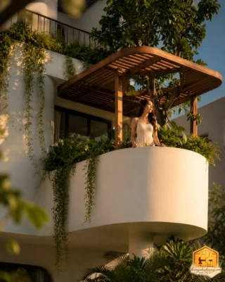 Góc nghiêng mẫu nhà phố 3 tầng mặt tiền cong kết hợp giàn pergola gỗ