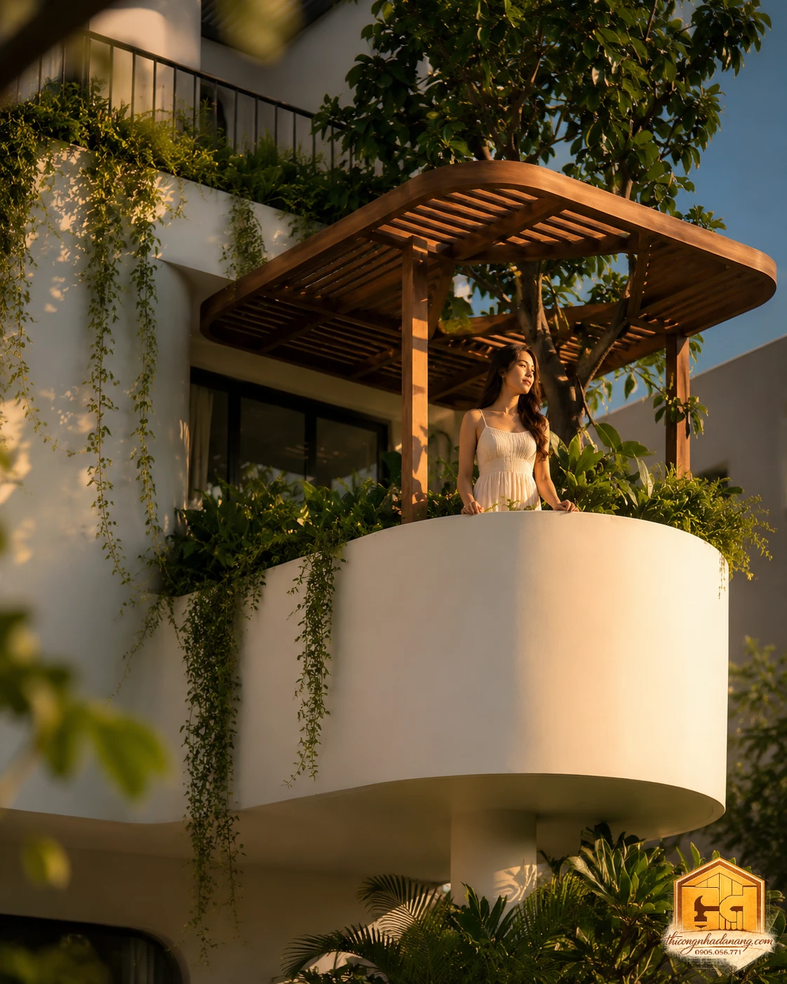Góc nghiêng mẫu nhà phố 3 tầng mặt tiền cong kết hợp giàn pergola gỗ
