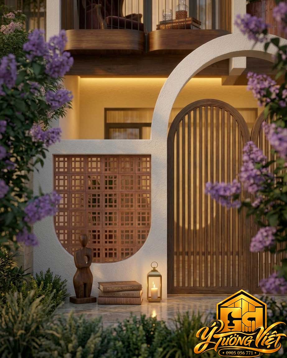 Mẫu Nhà Phố 2 Tầng 1 Tum 4x22m Vòm Cong Đẹp – Ý Tưởng Việt 2026 16 Cận cảnh vật liệu nhà phố 4x22m với tường trắng, cổng nan gỗ nâu, gạch hoa gió đất nung và đèn vàng