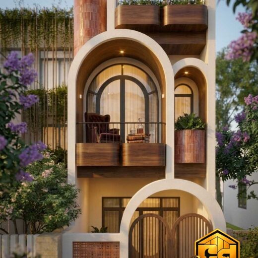 Chi tiết mặt tiền nhà phố 4x22m với cửa kính vòm, ban công bo tròn màu gỗ nâu, lan can kim loại và cây xanh