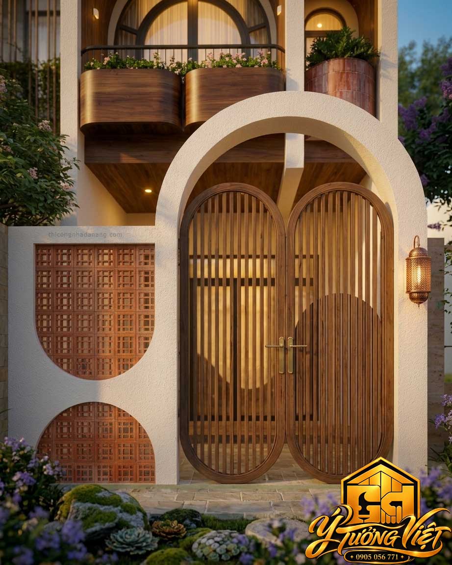 Mẫu Nhà Phố 2 Tầng 1 Tum 4x22m Vòm Cong Đẹp – Ý Tưởng Việt 2026 15 Cổng hai cánh bo cong nhà phố 4m với nan đứng vân gỗ, khung vòm trắng và tường rào gạch hoa gió