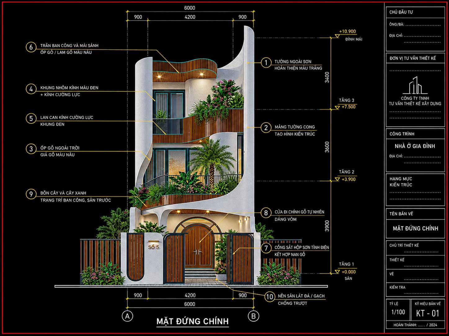 Mặt tiền nhà 6m đẹp: Tư vấn bố cục, vật liệu và điểm nhấn kiến trúc 2 Hình mặt đứng nhà phố 3 tầng ngang 6m thể hiện kích thước, đường cong mặt tiền và ghi chú vật liệu