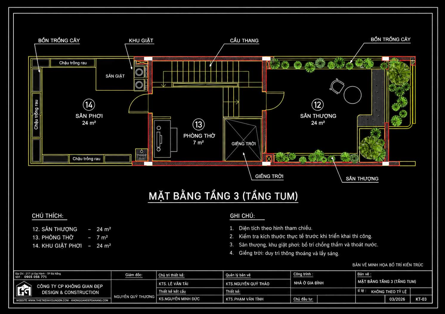Mẫu Nhà Phố 3 Tầng 5x20m Đường Cong Hiện Đại – Ý Tưởng Việt 2026 18 Mặt bằng tầng 3 nhà phố 5x20m có phòng thờ 7m2, sân thượng 24m2 và khu giặt phơi 24m2