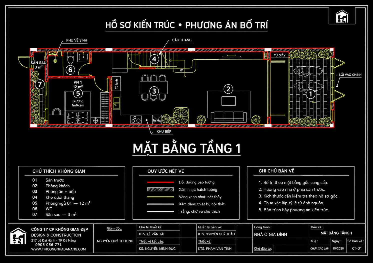 Mẫu Nhà Phố 3 Tầng 5x20m Đường Cong Hiện Đại – Ý Tưởng Việt 2026 16 Mặt bằng tầng 1 nhà phố 5x20m gồm sân trước, phòng khách, bếp ăn, phòng ngủ 12m2 và sân sau