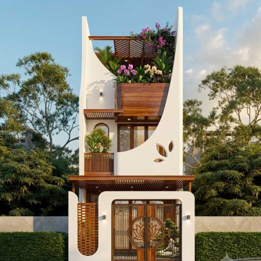Mẫu nhà phố 3 tầng 5x20m hiện đại với mặt tiền đường cong trắng, ban công gỗ nâu, cây xanh và cổng hoa sen
