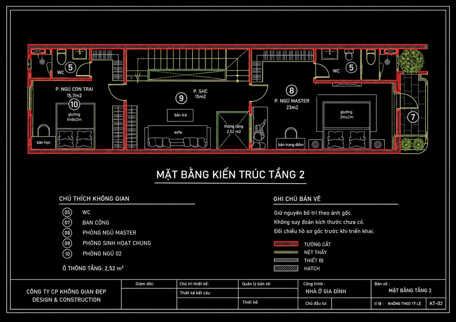 Mẫu Nhà Phố 3 Tầng 5x22m Vòm Cong Hiện Đại – Ý Tưởng Việt 17 Mặt bằng tầng 2 nhà phố 5x22m với phòng master 23m2, phòng ngủ 15,7m2, sinh hoạt chung và thông tầng