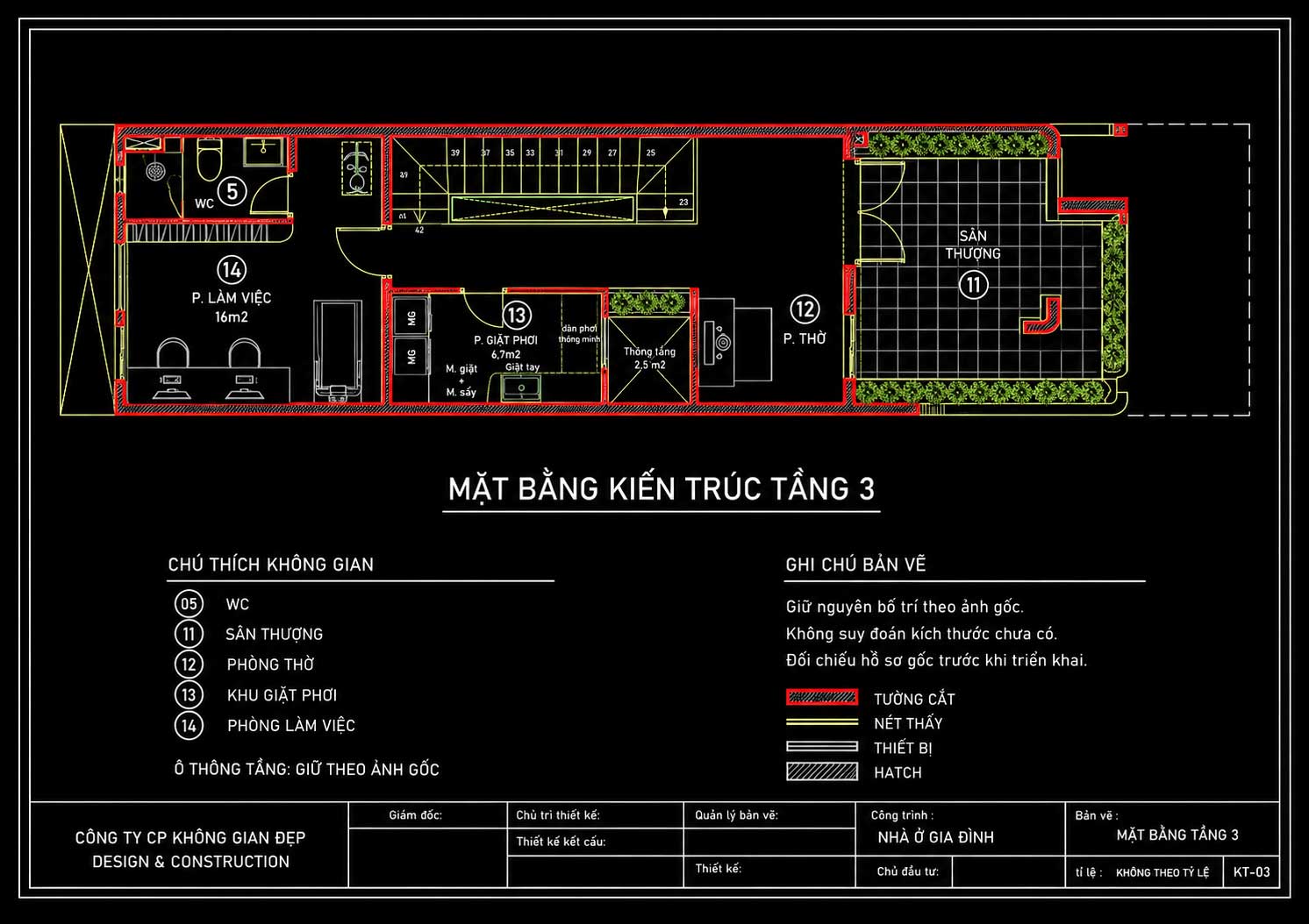 Mẫu Nhà Phố 3 Tầng 5x22m Vòm Cong Hiện Đại – Ý Tưởng Việt 18 Mặt bằng tầng 3 nhà phố 5x22m với phòng làm việc 16m2, phòng thờ, giặt phơi, sân thượng và cây xanh