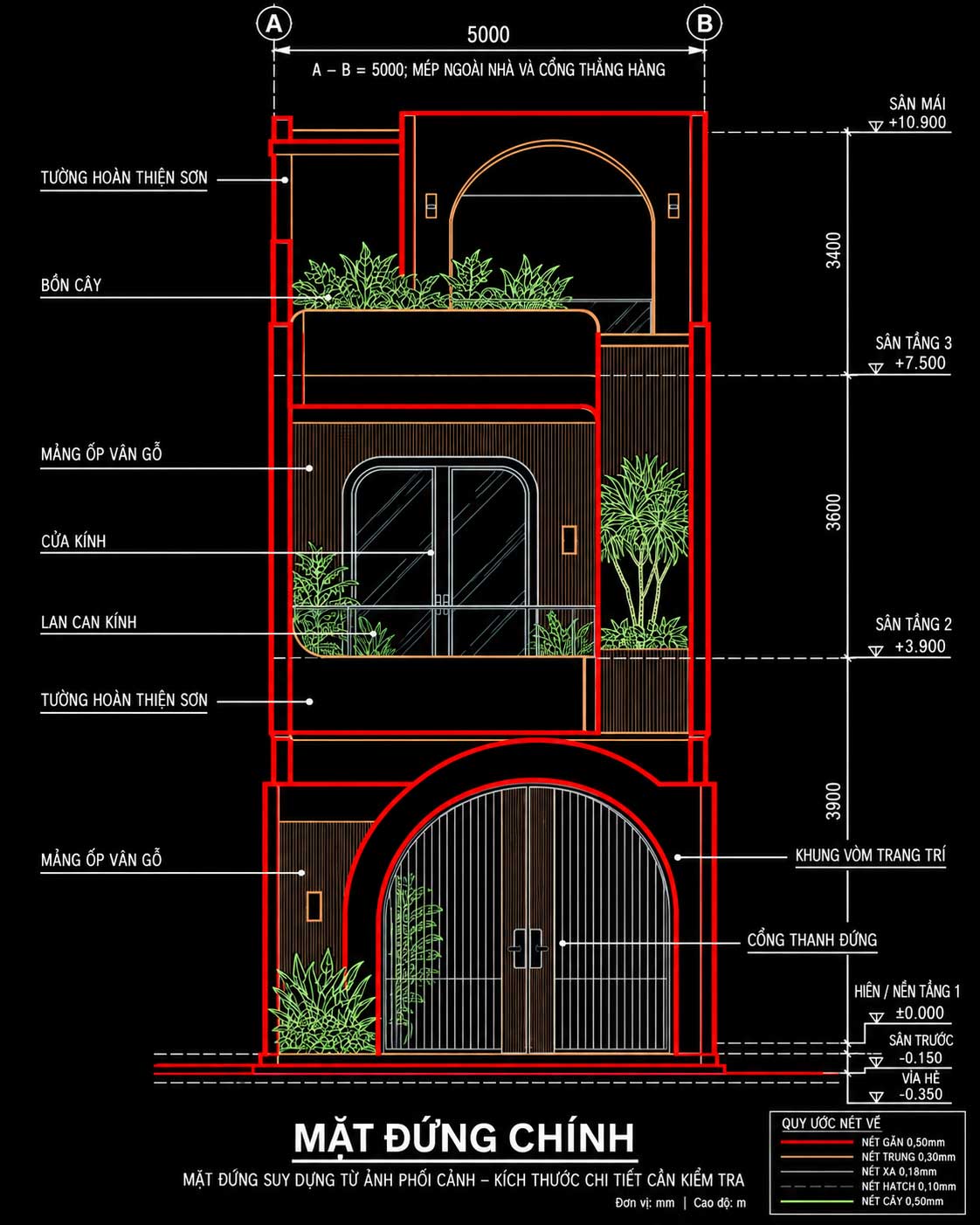 Mẫu Nhà Phố 3 Tầng 5x22m Vòm Cong Hiện Đại – Ý Tưởng Việt 15 Bản vẽ mặt đứng chính nhà phố 3 tầng mặt tiền 5m với vòm cong, lan can kính và cao độ 10,9m