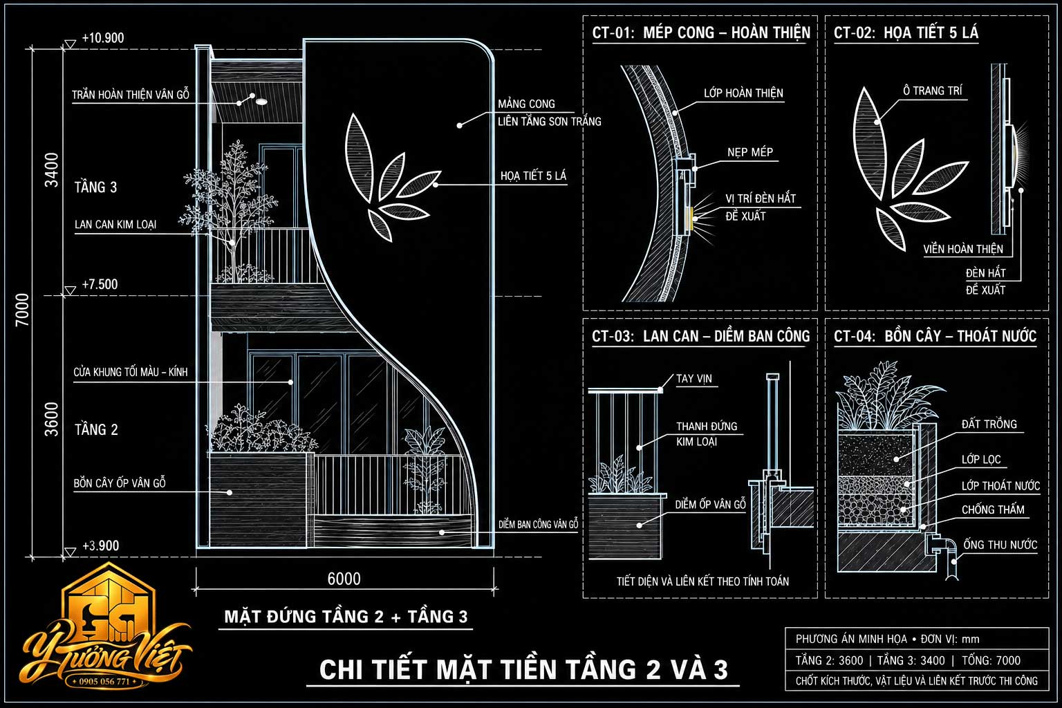 Mẫu Nhà Phố 3 Tầng 6x18m Độc Đáo – Ý Tưởng Việt 2026 3 Bản vẽ chi tiết tầng 2 và 3 nhà phố 6x18m gồm mép tường cong, họa tiết 5 lá, lan can và bồn cây