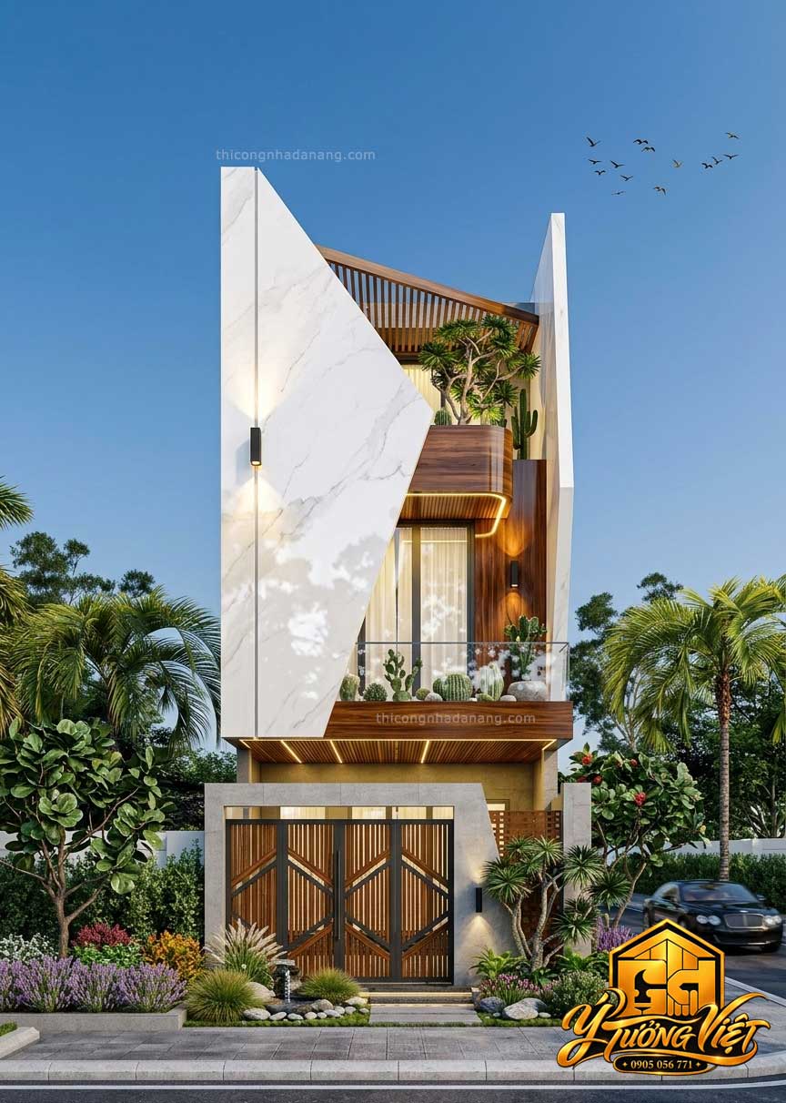 Mẫu Nhà Phố 3 Tầng 6x22m Độc Đáo – Ý Tưởng Việt 2026 1 Phối cảnh mẫu nhà phố 3 tầng 6x22m độc đáo với mảng đá trắng vát chéo, lam gỗ nâu và ban công xanh