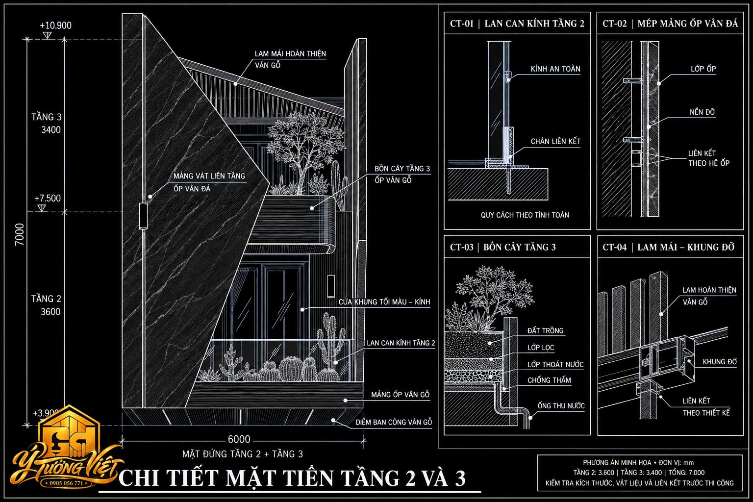 Mẫu Nhà Phố 3 Tầng 6x22m Độc Đáo – Ý Tưởng Việt 2026 3 Bản vẽ chi tiết tầng 2 và 3 nhà phố 6x22m với lan can kính, mảng ốp vân đá, bồn cây và lam mái