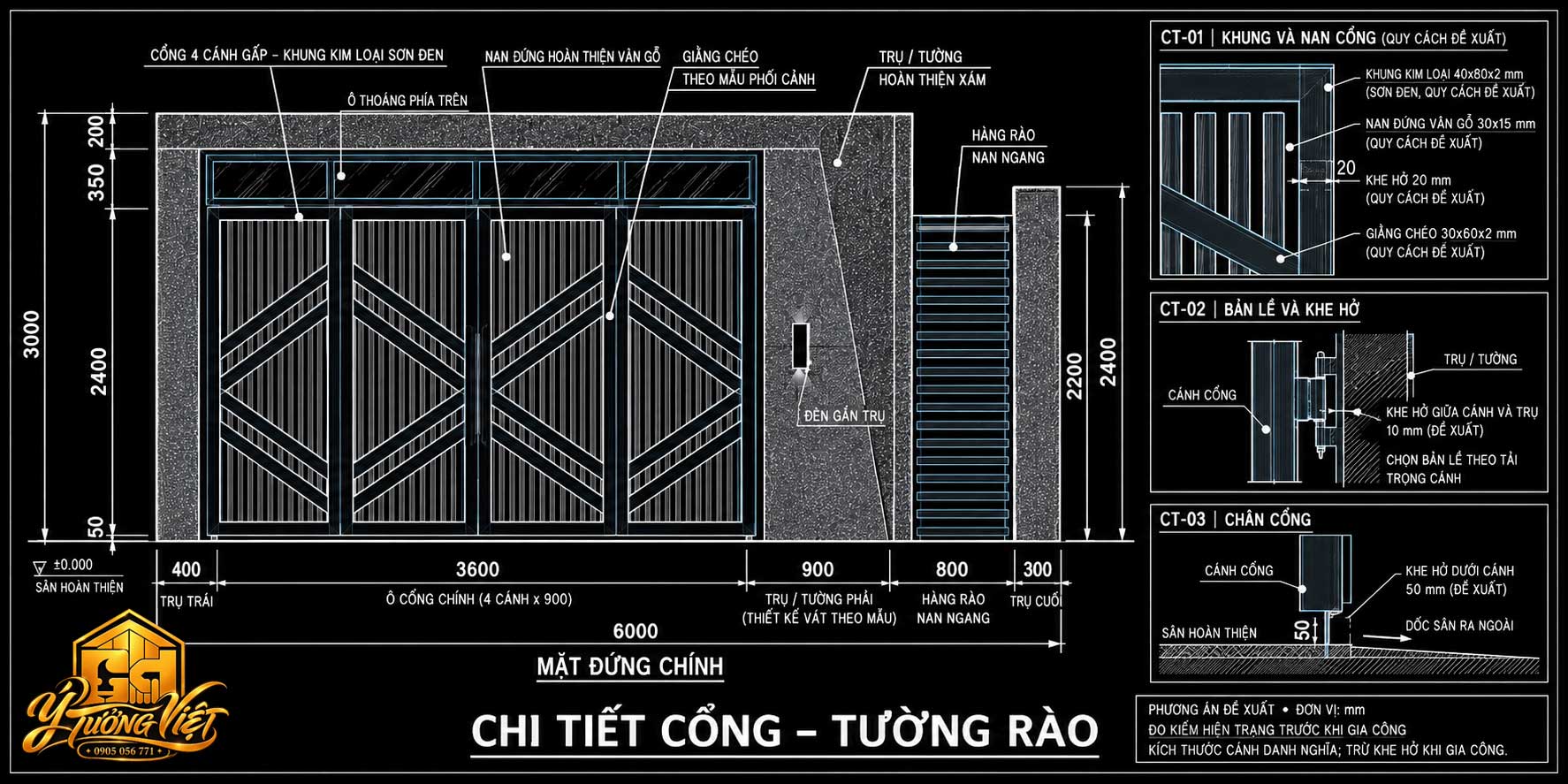 Mẫu Nhà Phố 3 Tầng 6x22m Độc Đáo – Ý Tưởng Việt 2026 4 Bản vẽ chi tiết cổng 4 cánh nhà phố mặt tiền 6m với khung kim loại đen, nan vân gỗ và tường rào