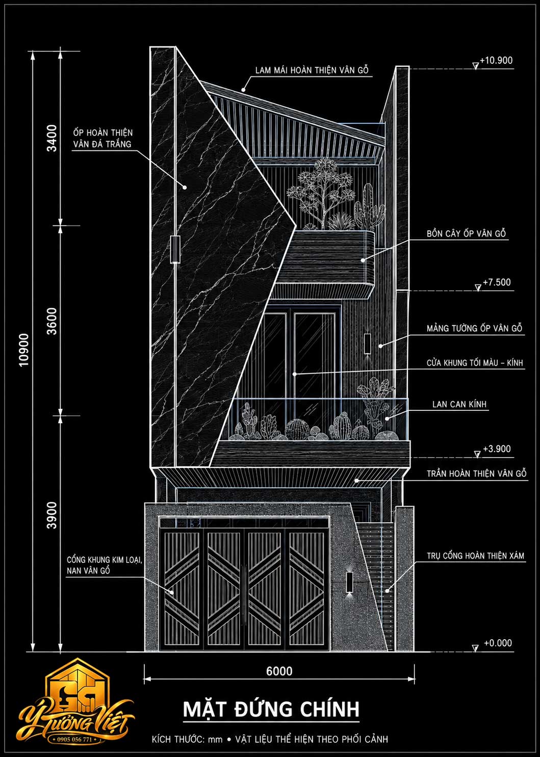 Mẫu Nhà Phố 3 Tầng 6x22m Độc Đáo – Ý Tưởng Việt 2026 2 Bản vẽ mặt đứng chính nhà phố 3 tầng rộng 6m cao 10,9m có kích thước và chú thích vật liệu kiến trúc