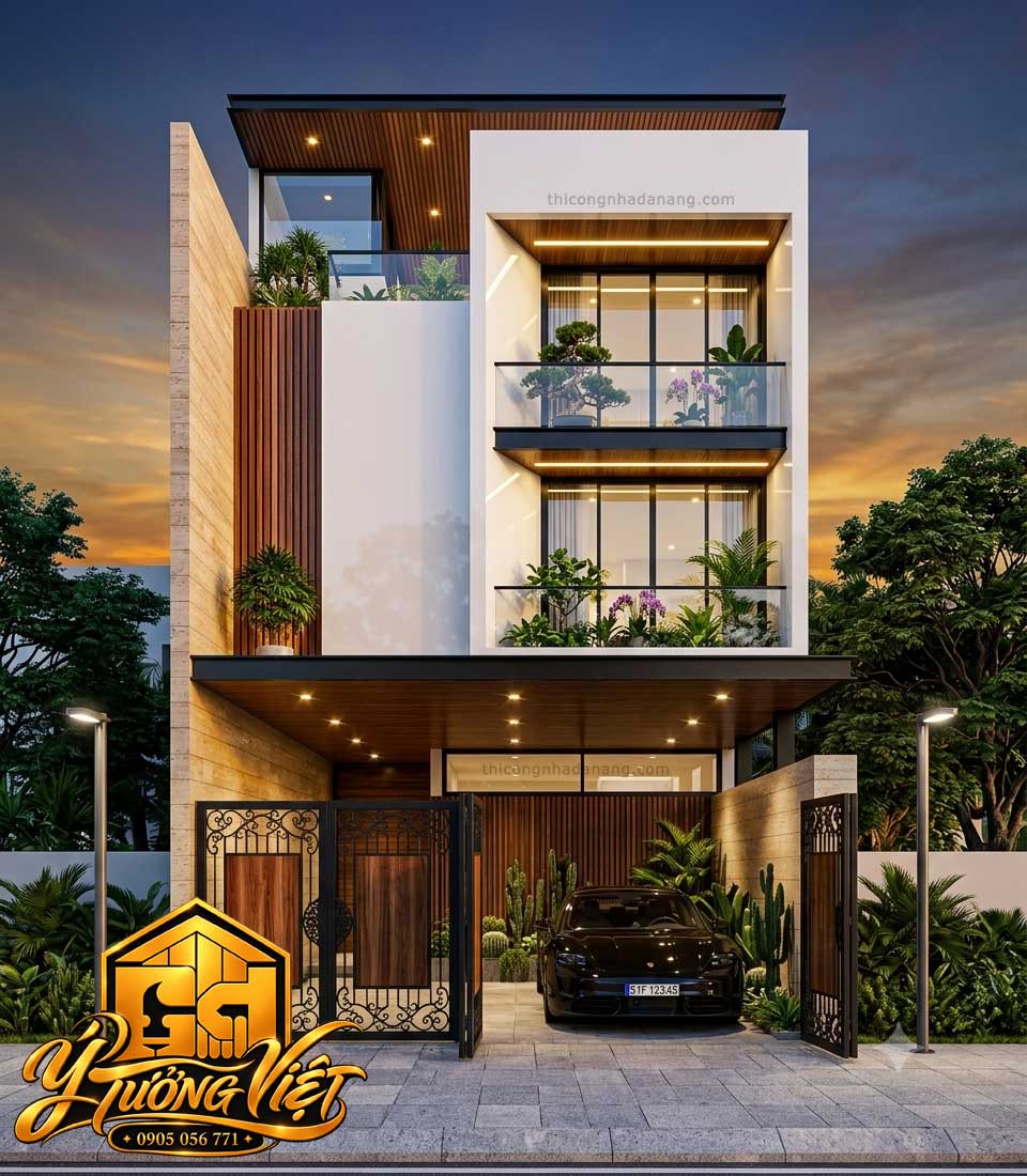 Mẫu nhà phố 8x20m 3 tầng hiện đại, mặt tiền trắng kết hợp gỗ nâu, ban công kính và cây xanh