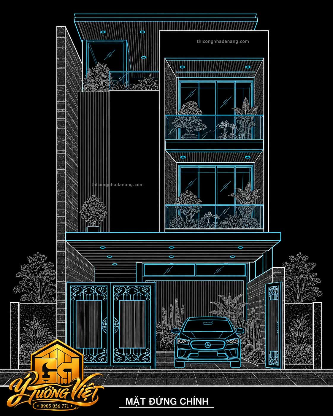 Bản vẽ AutoCAD mặt đứng chính nhà phố 8x20m 3 tầng - Ý Tưởng Việt 2026
